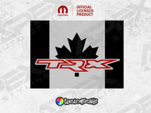 Load image into Gallery viewer, Custom RAM rear sliding window decal featuring TRX logo on Canadian flag design, with matte black background and red logo. Official licensed product by Mopar, customizable color options available.