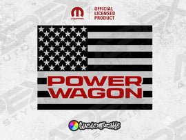 Black and white American flag decal with red Power Wagon text, designed for RAM truck rear sliding window. Official licensed product by Mopar, customizable through Customizable logo.