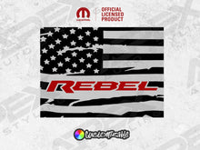 Load image into Gallery viewer, Custom RAM Rebel rear window decal featuring distressed American flag design with Rebel logo overlay. Official licensed product shown with customizable color options for personalized truck styling.