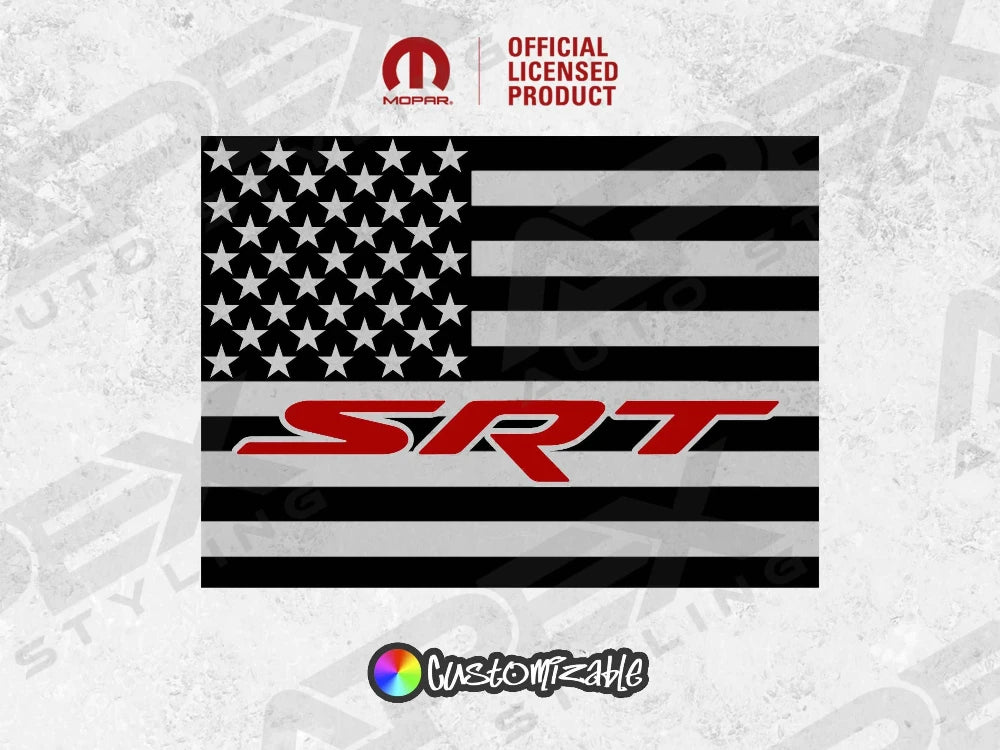 2009+ RAM rear sliding window decal featuring American flag design with SRT logo in red, customizable colors available, official licensed product for truck customization