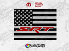 Load image into Gallery viewer, 2009+ RAM rear sliding window decal featuring American flag design with SRT logo in red, customizable colors available, official licensed product for truck customization
