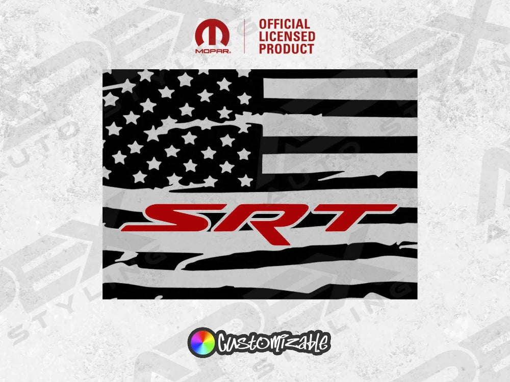 Custom RAM truck rear sliding window decal featuring distressed American flag design with SRT logo, officially licensed product for 2009+ models, available in multiple colors for personalization
