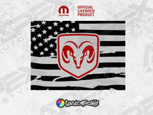 Load image into Gallery viewer, RAM logo decal on black and white American flag design for truck rear sliding window, with official licensed product stamp and customizable color options