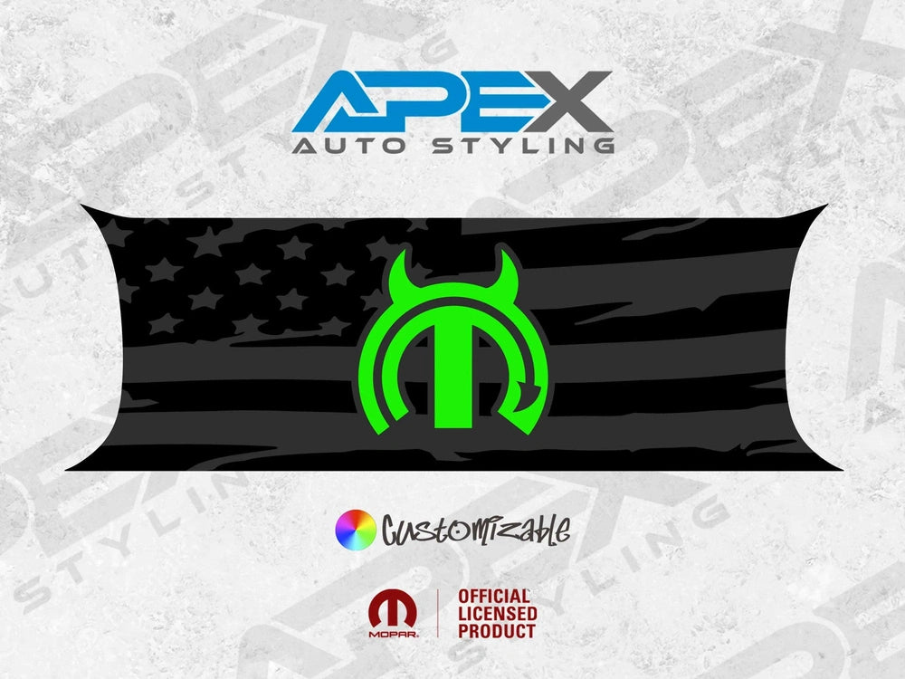 Challenger taillight divider decal featuring black American flag design with neon green MOPAR devil logo, customizable product by Apex Auto Styling, officially licensed
