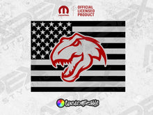 Load image into Gallery viewer, RAM TRX rear window decal featuring black and white American flag with red dinosaur logo overlay, official licensed product, customizable design for 2009+ RAM trucks