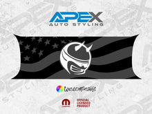 Load image into Gallery viewer, Customizable Challenger taillight divider decal featuring Demon Bee logo on American flag background, showcasing Apex Auto Styling brand and official Mopar licensed product status