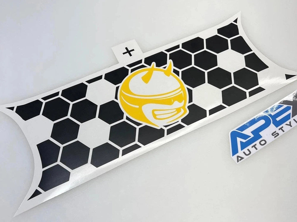 Challenger taillight divider decal with honeycomb pattern and yellow Demon Bee logo, displayed on white surface next to blue APS Auto Style logo