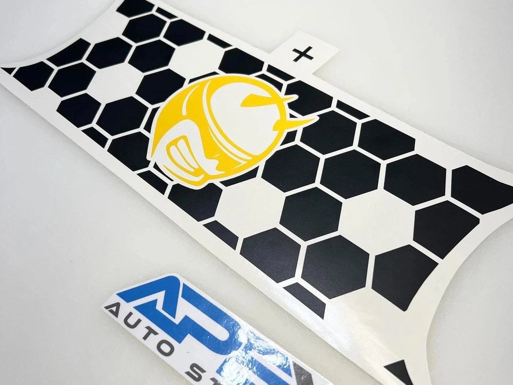 Challenger taillight divider decal featuring a yellow Demon Bee logo on a hexagonal honeycomb pattern background in black and white, with an Auto Styles logo below