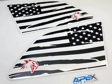Load image into Gallery viewer, Grand Cherokee quarter window decals featuring distressed American flag design with small hawk logo in black and white, showcasing patriotic style for 2011-2021 models
