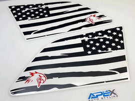 Grand Cherokee quarter window decals featuring distressed American flag design with small hawk logo in black and white, showcasing patriotic style for 2011-2021 models