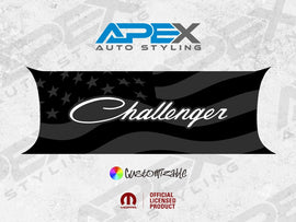 Customizable Challenger taillight divider decal featuring American flag design with Challenger logo, by Apex Auto Styling. Official licensed product with multiple color options available.