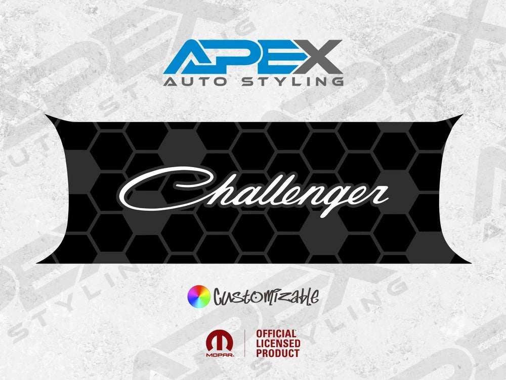 Customizable Challenger taillight divider decal with hexagonal pattern and stylized Challenger logo, shown with Apex Auto Styling branding and official licensing badges