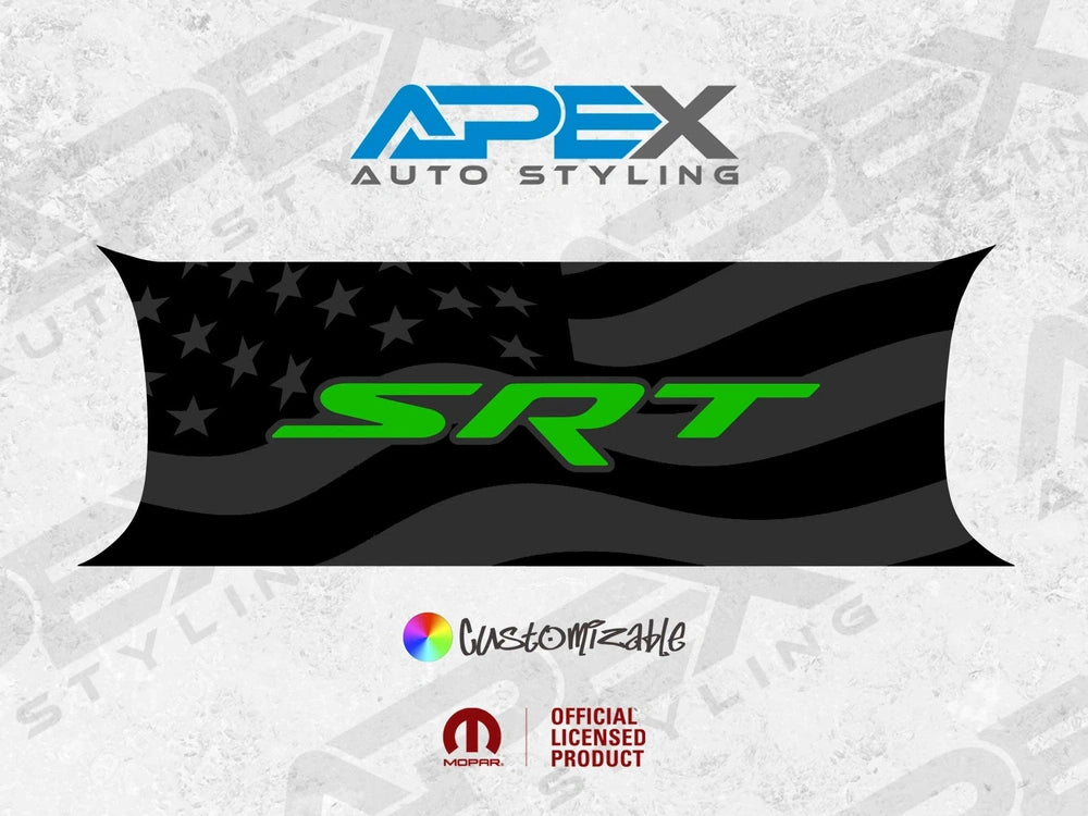 Customizable Challenger taillight divider decal featuring black American flag design with green SRT logo, by Apex Auto Styling. Official licensed product with multiple style options available.