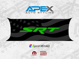 Customizable Challenger taillight divider decal featuring black American flag design with green SRT logo, by Apex Auto Styling. Official licensed product with multiple style options available.