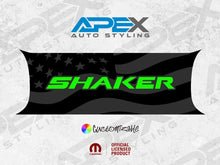 Load image into Gallery viewer, Customizable Challenger taillight divider decal featuring Shaker logo in bright green on black background with American flag design, showcasing Apex Auto Styling brand and official licensing
