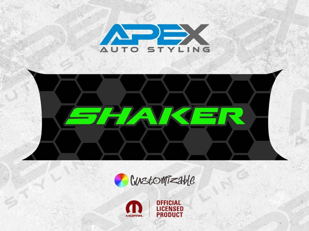 Customizable Dodge Challenger taillight divider decal featuring black honeycomb pattern with neon green Shaker logo, Apex Auto Styling branding, and official licensing icons