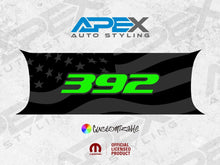Load image into Gallery viewer, Challenger taillight divider decal featuring black American flag design with neon green 392 logo, customizable Apex Auto Styling product with official Mopar licensing