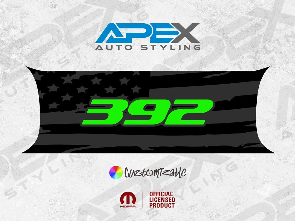 Challenger taillight divider decal featuring black American flag pattern with bright green 392 logo, customizable design by Apex Auto Styling, official licensed product