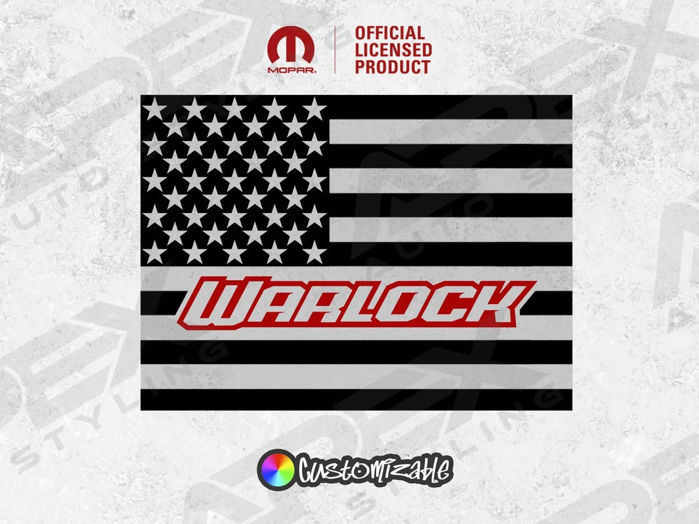 Custom RAM Warlock rear sliding window decal featuring black and white American flag design with red Warlock logo, official licensed product for 2009+ RAM pickups, customizable color options available
