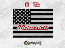 Load image into Gallery viewer, Custom RAM Warlock rear sliding window decal featuring black and white American flag design with red Warlock logo, official licensed product for 2009+ RAM pickups, customizable color options available