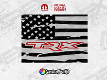 Load image into Gallery viewer, Custom rear sliding window decal for 2009+ RAM trucks featuring a distressed American flag design with TRX logo in red, official licensed product, available in customizable colors