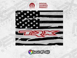 Custom rear sliding window decal for 2009+ RAM trucks featuring a distressed American flag design with TRX logo in red, official licensed product, available in customizable colors