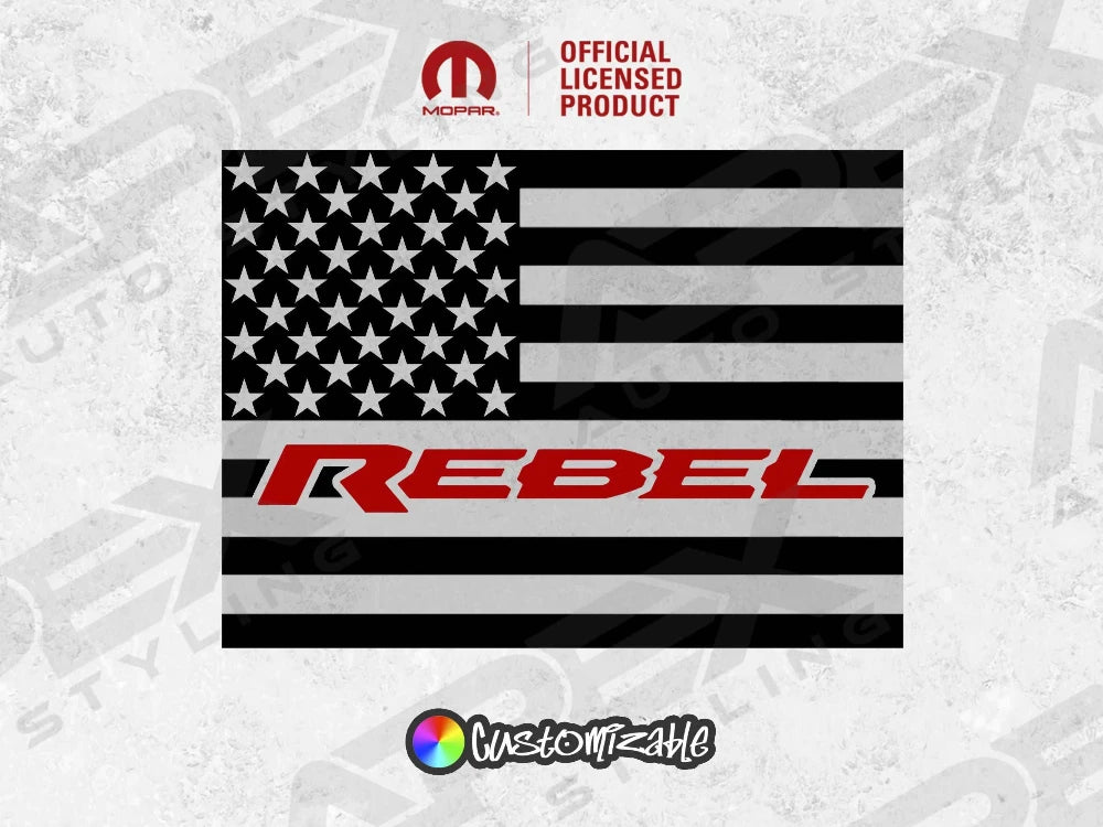 Custom RAM rear sliding window decal featuring black American flag design with white stars and red Rebel logo, officially licensed product for 2009+ RAM pickups, customizable color options available
