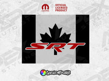 Load image into Gallery viewer, Custom RAM rear sliding window decal featuring SRT logo in red on stylized Canadian flag design with black background and gray maple leaf silhouette, official licensed product for 2009+ RAM trucks