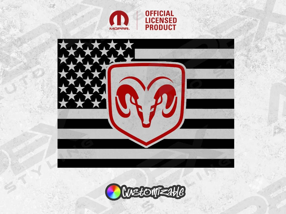 Custom RAM logo decal for rear sliding window featuring American flag design with black and white stripes and stars, and red RAM logo in shield shape, officially licensed product for 2009+ RAM pickups