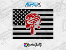 Load image into Gallery viewer, Custom rear sliding window decal for 2009+ RAM trucks featuring American flag design with Punisher skull logo, available in multiple colors for personalization