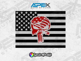 Custom rear sliding window decal for 2009+ RAM trucks featuring American flag design with Punisher skull logo, available in multiple colors for personalization