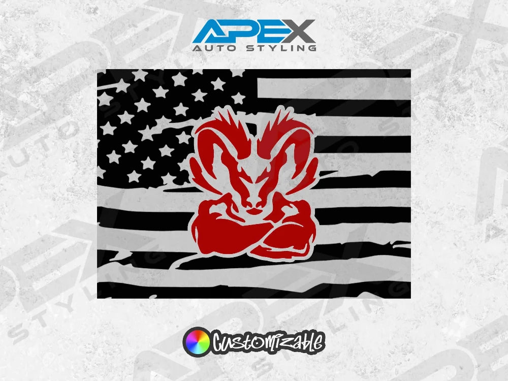RAM rear sliding window decal featuring American flag with red RAM logo. Black and white flag design with customizable logo color. Apex Auto Styling product for 2009+ RAM pickups.