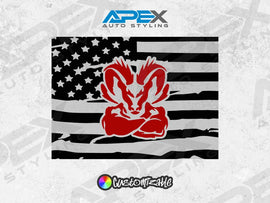 RAM rear sliding window decal featuring American flag with red RAM logo. Black and white flag design with customizable logo color. Apex Auto Styling product for 2009+ RAM pickups.