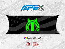 Load image into Gallery viewer, Customizable Challenger taillight divider decal with MOPAR Devil logo in neon green on black background featuring American flag design, official licensed product by Apex Auto Styling