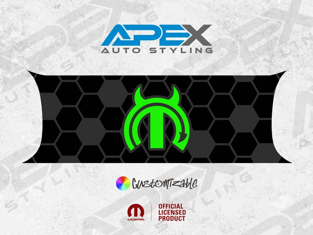 Customizable Challenger taillight divider decal with MOPAR Devil logo in bright green on black honeycomb pattern, showcasing Apex Auto Styling brand and official licensing.