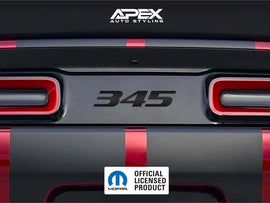 Customizable Challenger taillight divider decal featuring 345 logo, shown on rear of vehicle between red taillights. Black and red color scheme visible, with Apex Auto Styling branding and Mopar licensed product label.