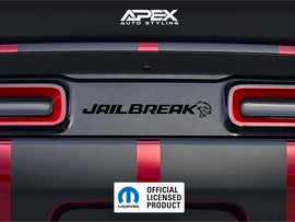 Customizable Challenger taillight divider decal with Jailbreak Hellcat logo, shown on gray panel between red taillights. Apex Auto Styling logo visible. Official licensed product badge displayed.