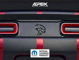 Dodge Challenger rear view with taillight divider decal featuring Hellcat logo, showcasing APEX Auto Styling product and Mopar official licensed badge