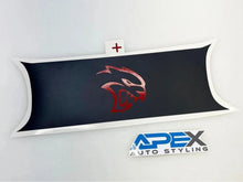 Load image into Gallery viewer, Customizable Challenger taillight divider decal featuring red Hellcat logo on black background, with white border and red cross accent. APEX Auto Styling branding visible.