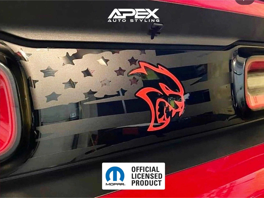 Customizable Dodge Challenger taillight divider decal featuring American flag design with stars and stripes, and red Hellcat logo. Black background with APEX Auto Styling branding visible.