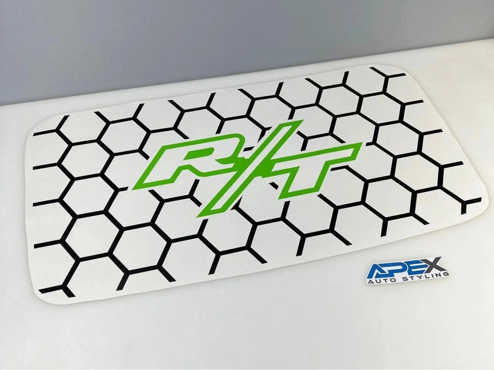 Dodge Challenger sunroof decal featuring black honeycomb pattern with bright green R/T logo, showcasing custom design for Apex Auto Systems product, enhancing vehicle appearance