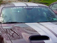 Load image into Gallery viewer, Silver sports car with &#39;Jailbreak&#39; windshield decal, white racing stripes on hood, parked outdoors with tree reflections visible on shiny exterior