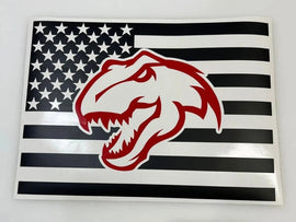 Custom RAM truck rear window decal featuring a black and white American flag design with a red TRX dinosaur logo overlay, showcasing patriotic style and brand loyalty for 2009+ RAM pickup owners