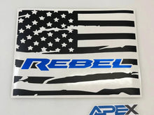 Load image into Gallery viewer, Custom rear sliding window decal for RAM trucks featuring distressed American flag design with REBEL logo in blue, designed for 2009+ models, offering unique patriotic styling