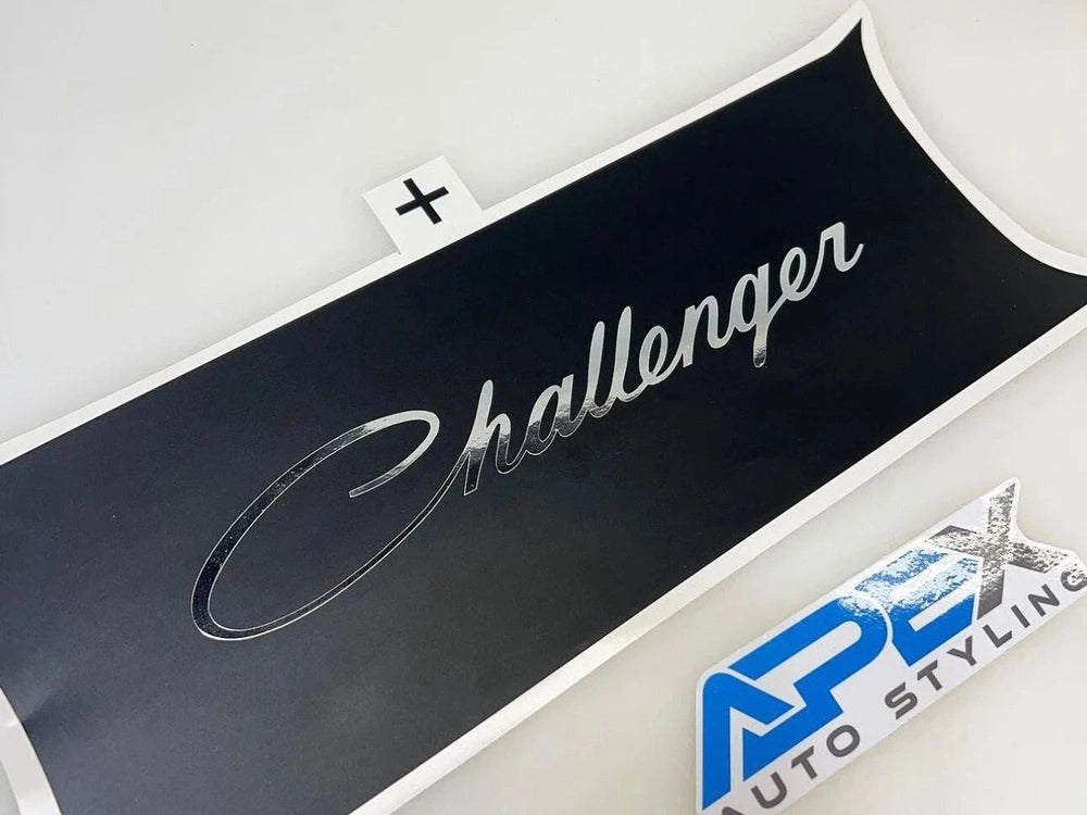 Customizable Challenger taillight divider decal with silver text logo on black background, showcasing premium vinyl quality and precise fit for Dodge Challenger models 2015 and newer.
