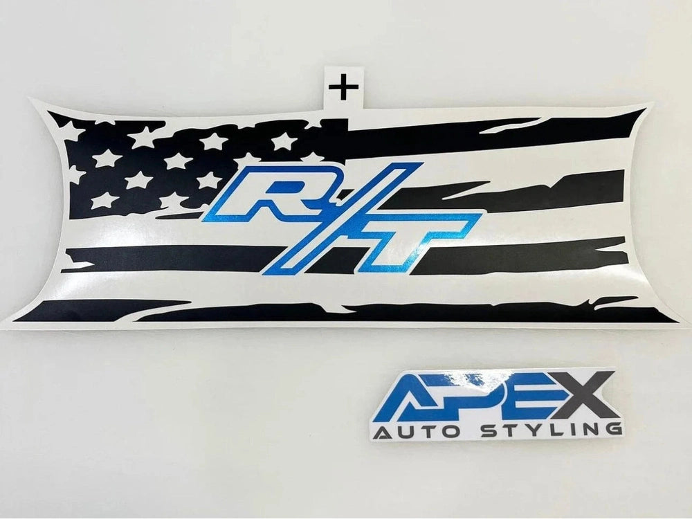 Challenger taillight divider decal with R/T logo in blue on black and white American flag design, showcasing Apex Auto Styling brand for custom vehicle accessories