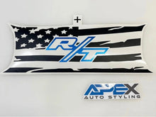 Load image into Gallery viewer, Challenger taillight divider decal with R/T logo in blue on black and white American flag design, showcasing Apex Auto Styling brand for custom vehicle accessories