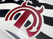 Load image into Gallery viewer, Close-up of a red MOPAR Devil logo decal on a white and black striped background, showcasing the taillight divider design for Dodge Challenger customization