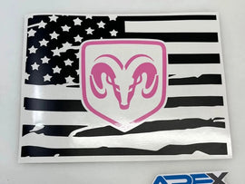 RAM logo decal on distressed American flag background for 2009+ RAM truck rear sliding window, featuring pink RAM head symbol on white shield against black and white flag design