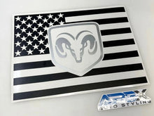 Load image into Gallery viewer, Custom RAM logo decal for rear sliding window featuring American flag design with RAM emblem, showcasing patriotic style for 2009+ RAM pickup trucks